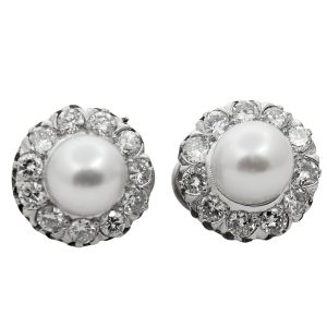 Pearl Diamond Gold Halo Earrings