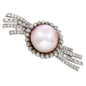Large Mabé Pearl Diamond Platinum Brooch