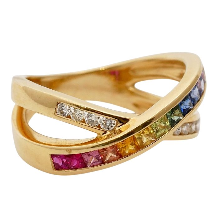 Multi Sapphire Diamond Crossover Ring