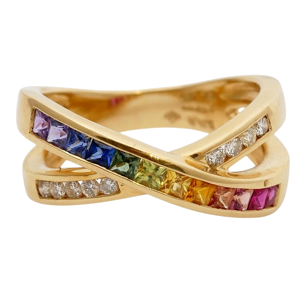 Multi Sapphire Diamond Crossover Ring 4 Multi Sapphire Diamond Crossover Ring