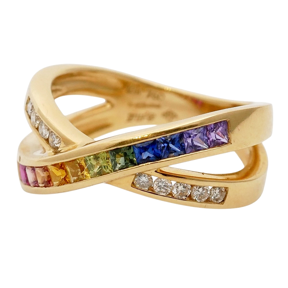 Multi Sapphire Diamond Crossover Ring 5 Multi Sapphire Diamond Crossover Ring