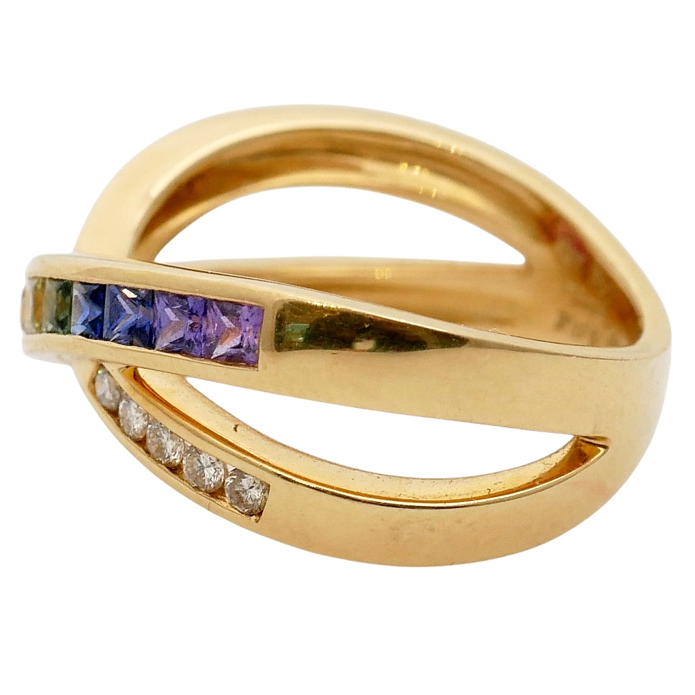 Multi Sapphire Diamond Crossover Ring 6 Multi Sapphire Diamond Crossover Ring