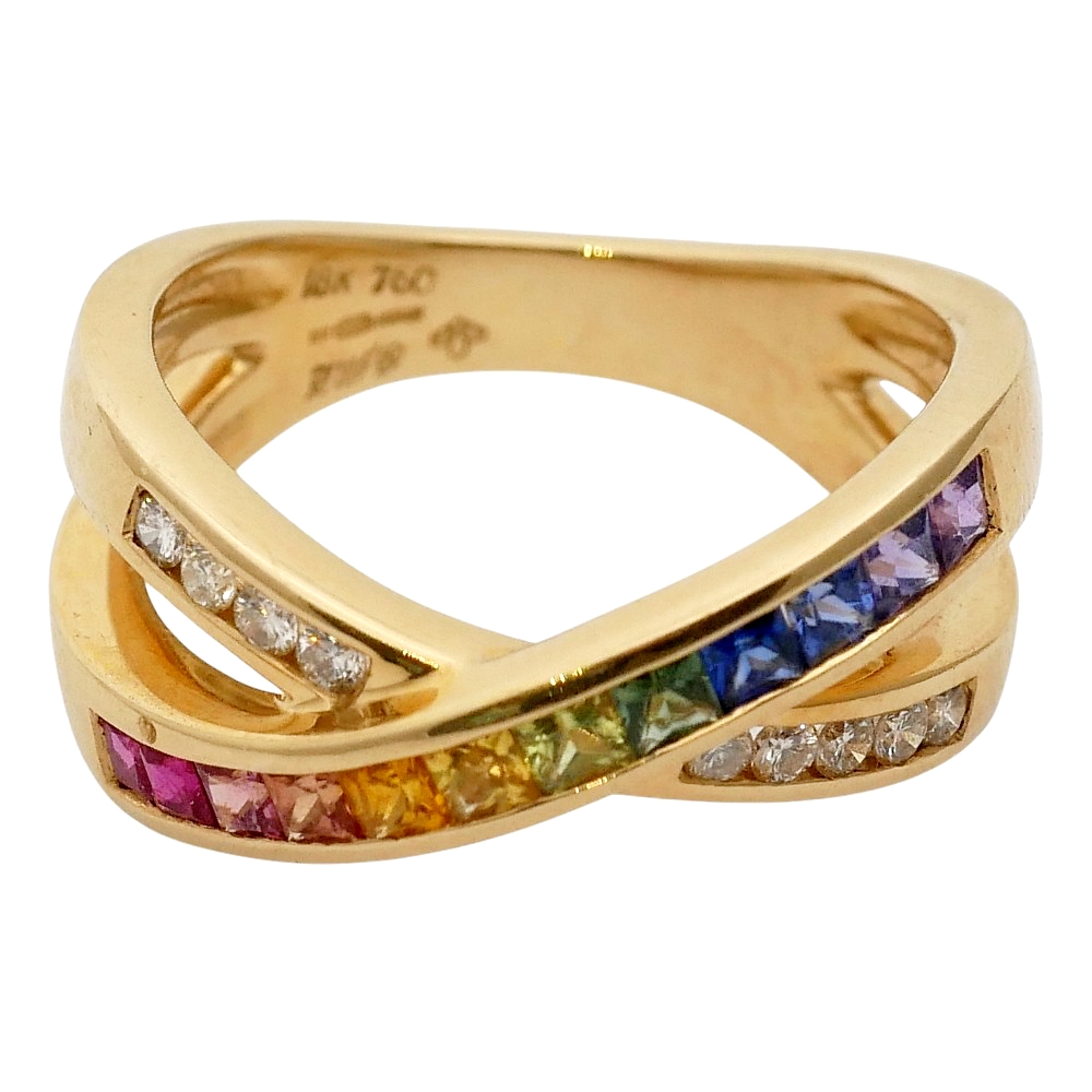 Multi Sapphire Diamond Crossover Ring 8 Multi Sapphire Diamond Crossover Ring