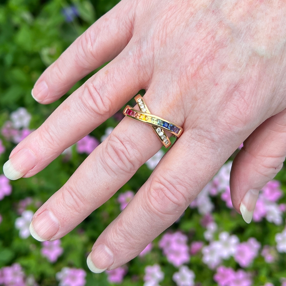 Multi Sapphire Diamond Crossover Ring 10 Multi Sapphire Diamond Crossover Ring