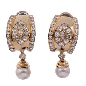 Large Diamond Gold Pearl Hoop Earrings