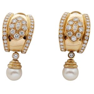 Large Diamond Gold Pearl Hoop Earrings