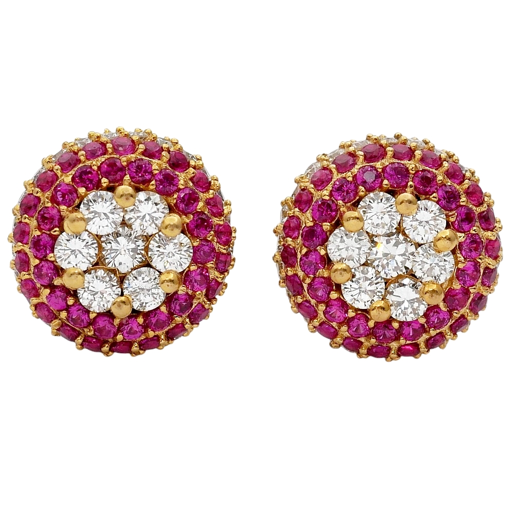 Vintage Ruby Diamond Gold Halo Earrings 1 Vintage Ruby Diamond Gold Halo Earrings
